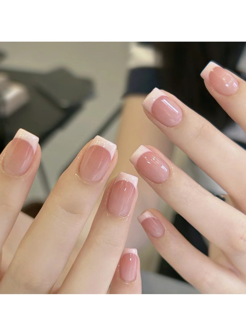 kaixin French Tip Press On Nails Nude Pink Glossy Square Fake Nails Short Acrylic Artificial Nails with Adhesive Tabs Reusable Full Cover Stick On Nails for Women Girls - Image 2