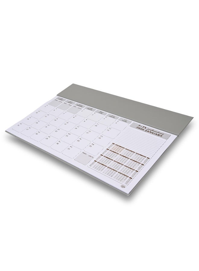 FIS 2026 Year Planner – Grey PVC Desk Blotter, 490x340mm, 12 Monthly Sheets, Bilingual (English/Arabic), Ideal for Desk Use, Daily Notes & Reminders – FSDK2AE26GY - Image 1