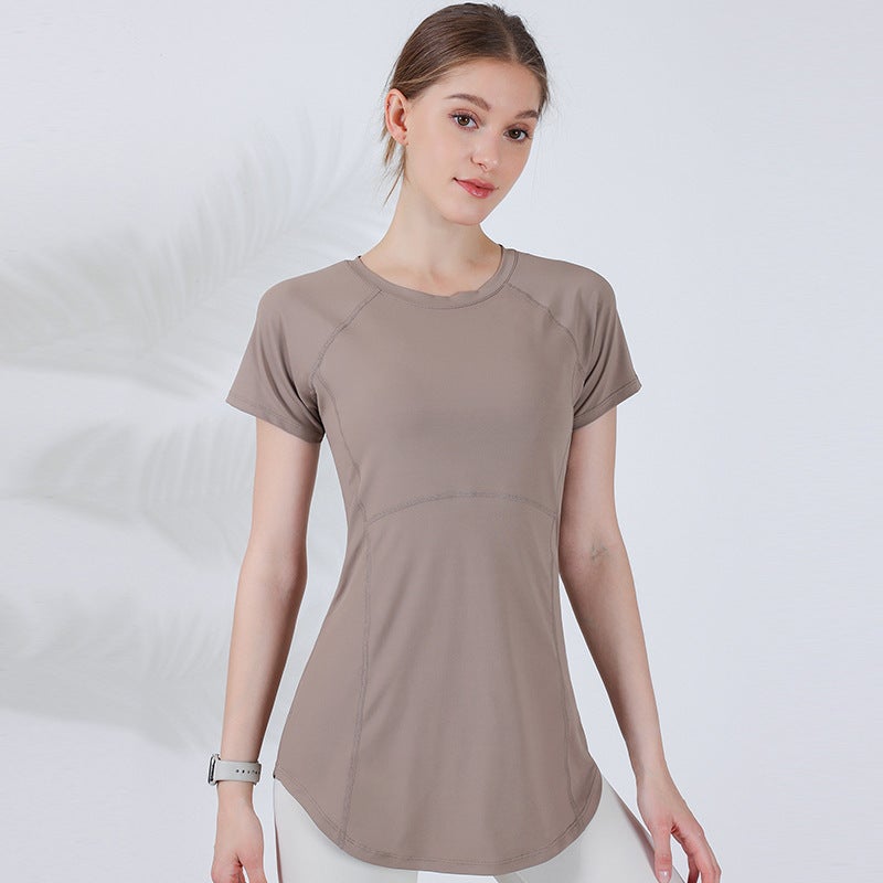Generic Long Breathable Mesh Yoga T-Shirt for Women Coffee 