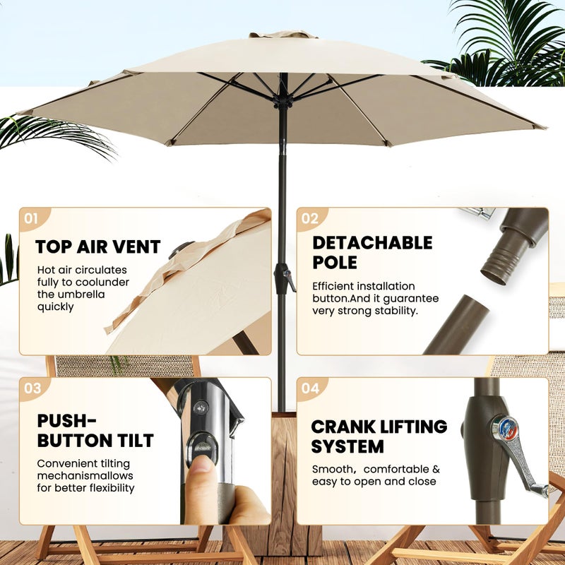 Ayge 7.5FT Large Outdoor Patio Umbrella Market Table Umbrella-UV Resistant, Easy Push Button Tilt and Crank, 6 Sturdy Fiberglass Ribs Heavy-Duty Pool Umbrella for Deck, Backyard,Garden, Yard,Beige - Image 2