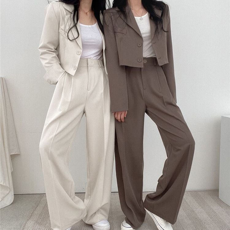Korean Style Lapel Small Suit Long-Sleeved Short Jacket + High-Waisted Wide-Leg Floor-Length Suit Suit Female Stewardess Uniform - Image 4