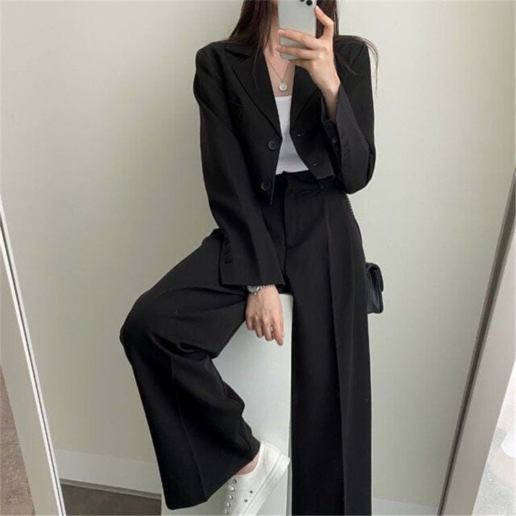 Korean Style Lapel Small Suit Long-Sleeved Short Jacket + High-Waisted Wide-Leg Floor-Length Suit Suit Female Stewardess Uniform - Image 2