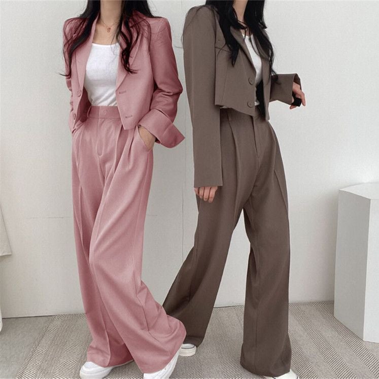 Korean Style Lapel Small Suit Long-Sleeved Short Jacket + High-Waisted Wide-Leg Floor-Length Suit Suit Female Stewardess Uniform - Image 3