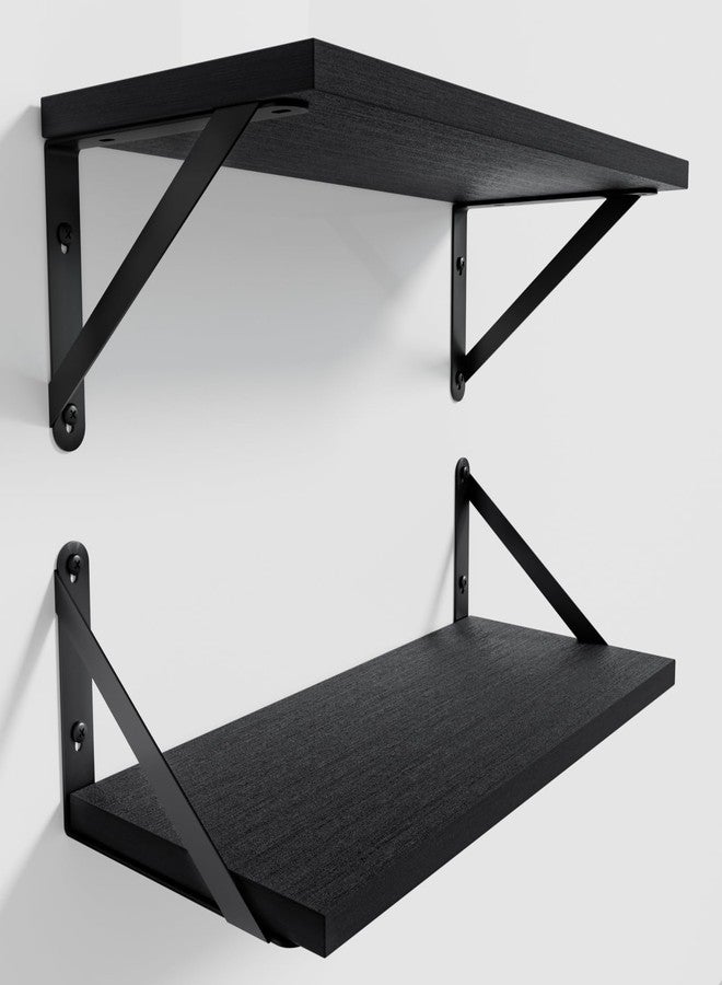 COCOYA Wall Shelves 7.3" Deep Set of 2, Solid Paulownia Wood Wider Longer Sturdy Easy to Install Wall Mounted Bookshelves Storage Shelves Bathroom Home Office Laundry Room Bedroom Organizer Black - Image 1