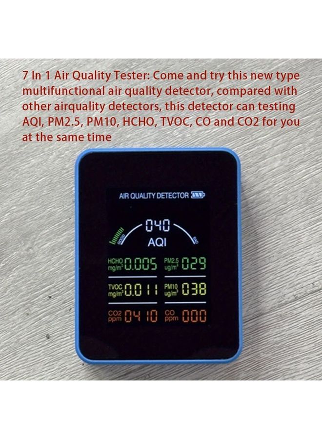 Blue 7in1 Air Quality Monitor PM2 5 PM10 HCHO TVOC AQI CO CO2 Rechargeable Battery USB Powered Digital LCD Display - Image 5
