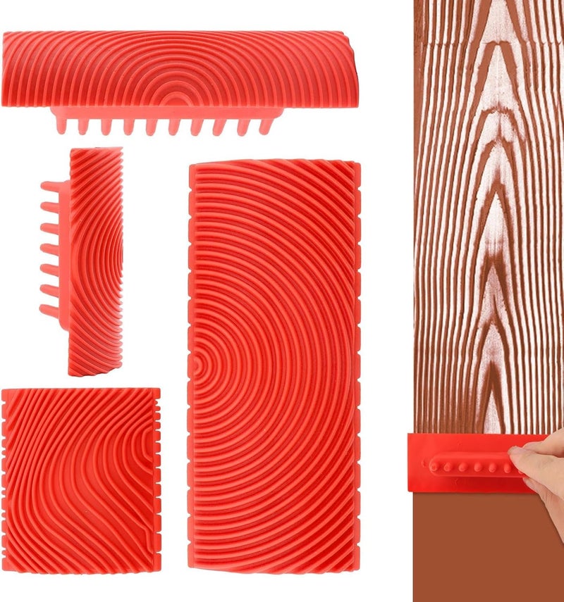 Serplex® 4Pcs Wood Grain Roller Tools Set Multi Size PVC Graining Roller & Comb 2-in-1 Design for Painting, Furniture Finishing, DIY Home Décor, Walls, Doors & Creative Wood Texture Effects - Image 1
