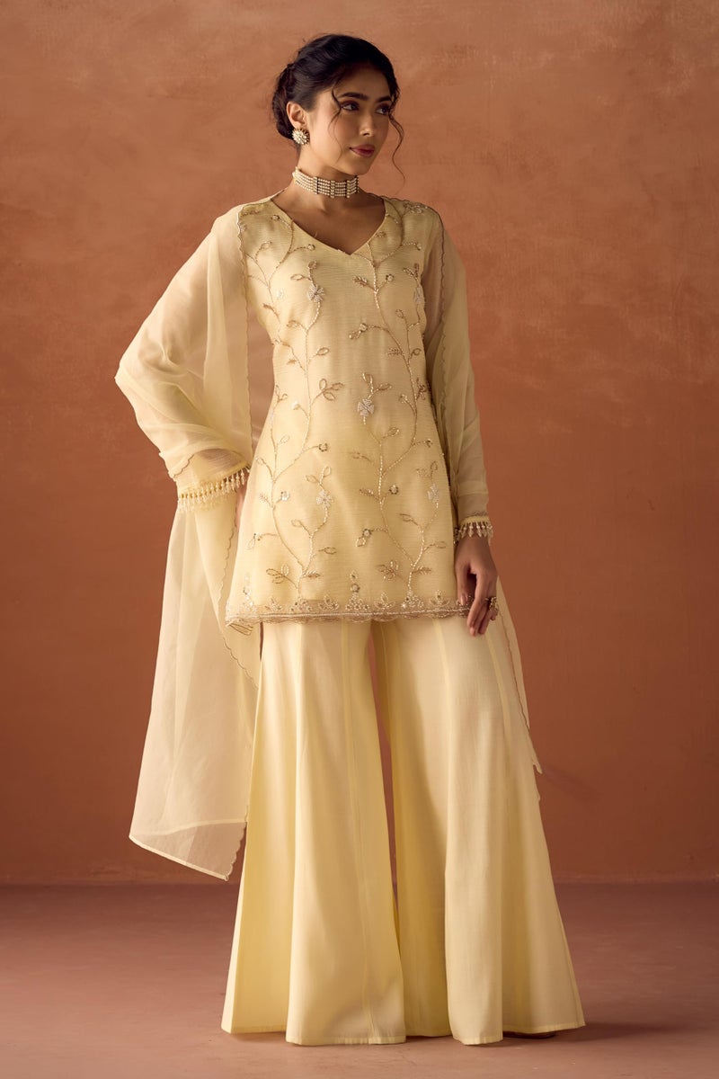 FIORRA Women Light Pastel Yellow Crush Organza Hand Work A-Line Kurta Set with Dupatta SET0225 - Image 3