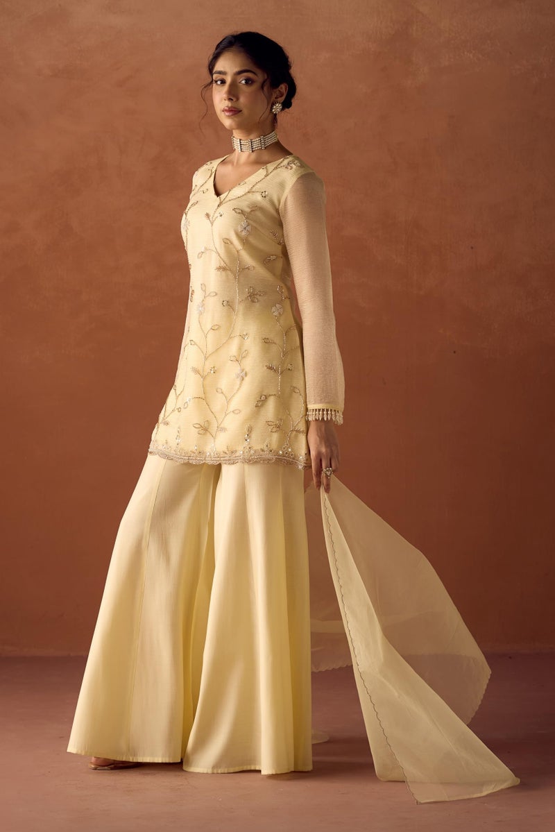 FIORRA Women Light Pastel Yellow Crush Organza Hand Work A-Line Kurta Set with Dupatta SET0225 - Image 4