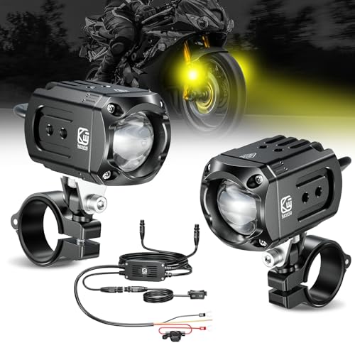 Kewig Motorcycle Auxiliary LED Light Kit Driving Spotlights White/Amber Fog Light with Mount Brackets Wire Harness Waterproof 60W Offroad Work Lights Compatible with Motorcycle J-eep Car Truck (Black) - Image 1