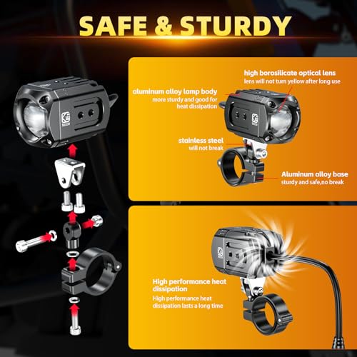 Kewig Motorcycle Auxiliary LED Light Kit Driving Spotlights White/Amber Fog Light with Mount Brackets Wire Harness Waterproof 60W Offroad Work Lights Compatible with Motorcycle J-eep Car Truck (Black) - Image 5