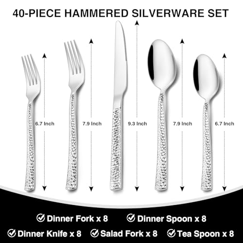EWFEN Hammered Silverware Set, 40-Piece Stainless Steel Square Flatware Set for 8, Food-Grade Tableware Cutlery Set, Utensil Sets for Home Restaurant, Mirror Finish, Dishwasher Safe - Image 2
