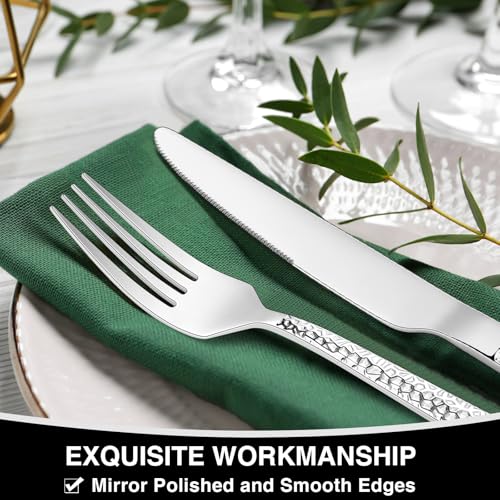 EWFEN Hammered Silverware Set, 40-Piece Stainless Steel Square Flatware Set for 8, Food-Grade Tableware Cutlery Set, Utensil Sets for Home Restaurant, Mirror Finish, Dishwasher Safe - Image 4