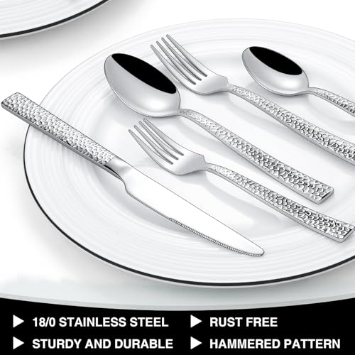 EWFEN Hammered Silverware Set, 40-Piece Stainless Steel Square Flatware Set for 8, Food-Grade Tableware Cutlery Set, Utensil Sets for Home Restaurant, Mirror Finish, Dishwasher Safe - Image 5