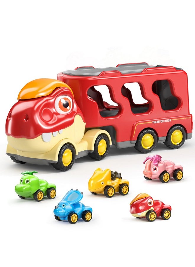babyhome Dinosaur Truck Toys for Kids 3-5, Friction Power Transport Car Load 5 Cartoon Pull Back Dino Figures Vehicle, Toddler Carrier Truck Play Set, Birthday Gift for 3 4 5 6+ Year Old Boys and Girls  - Image 1