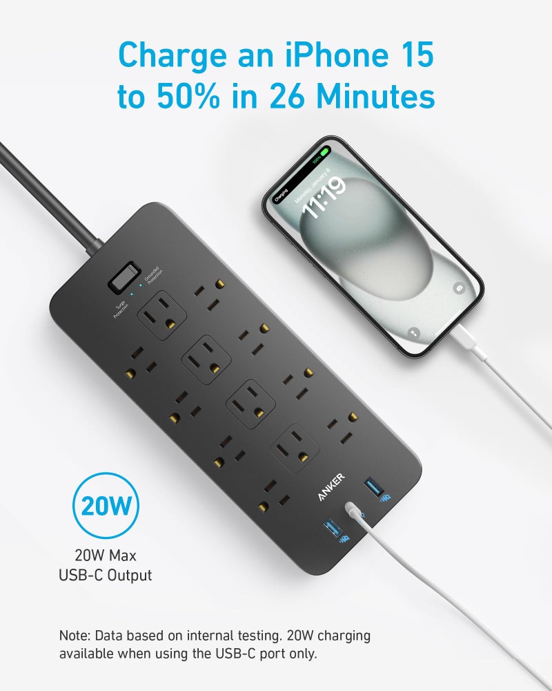Anker Power Strip with 3 USB Ports, Surge Protector (2100J-10ft), 12 Outlets, 2 USB-A Ports and 1 USB-C Port, Works with iPhone 16/16 Plus/16 Pro/16 Pro Max, for Home, Office, TUV Listed - Image 4