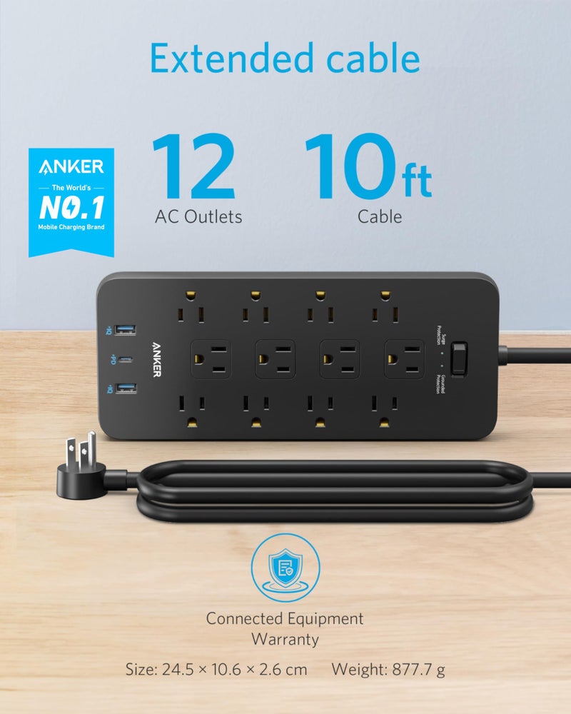 Anker Power Strip with 3 USB Ports, Surge Protector (2100J-10ft), 12 Outlets, 2 USB-A Ports and 1 USB-C Port, Works with iPhone 16/16 Plus/16 Pro/16 Pro Max, for Home, Office, TUV Listed - Image 2
