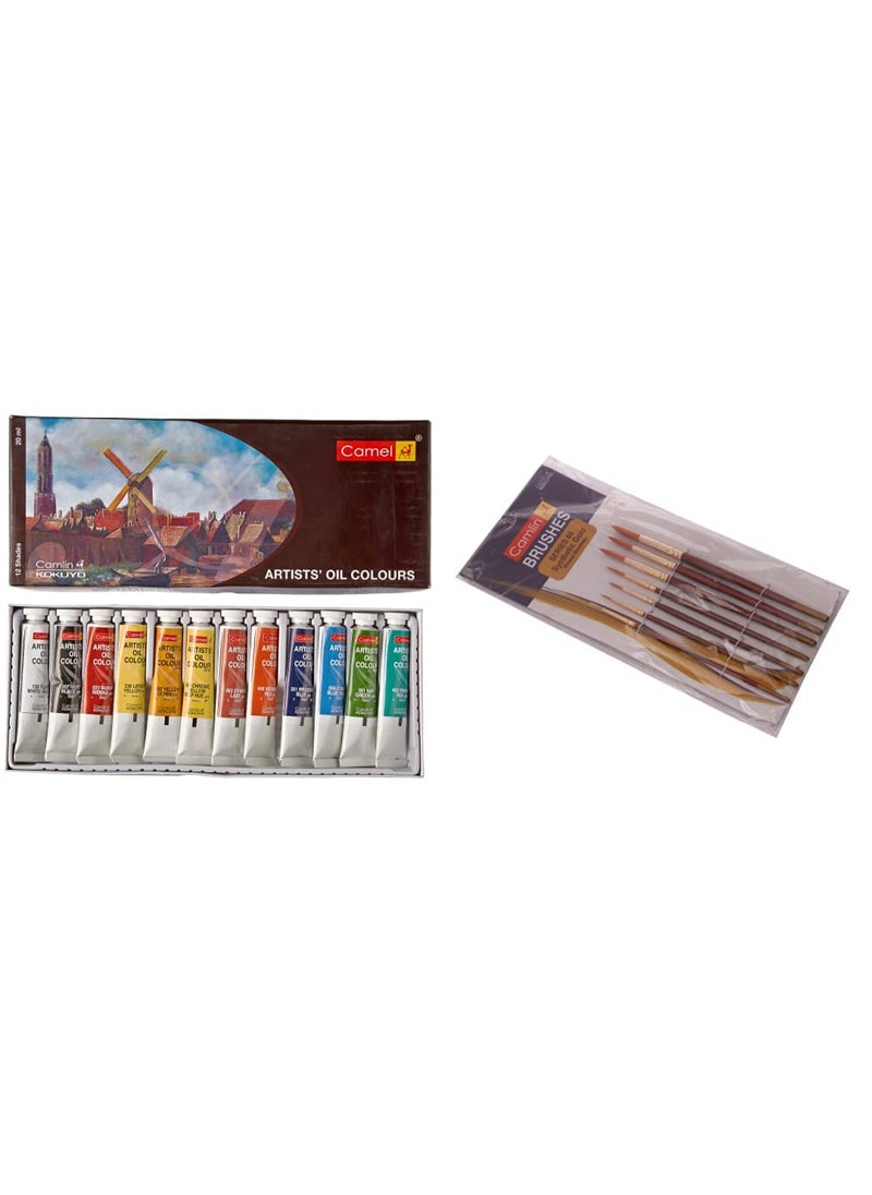 camel Camel Artist's Oil Color Box - 20ml Tubes, 12 Shades & Camel Paint Brush Series 66 - Round Synthetic Gold, Set of 7  - Image 1