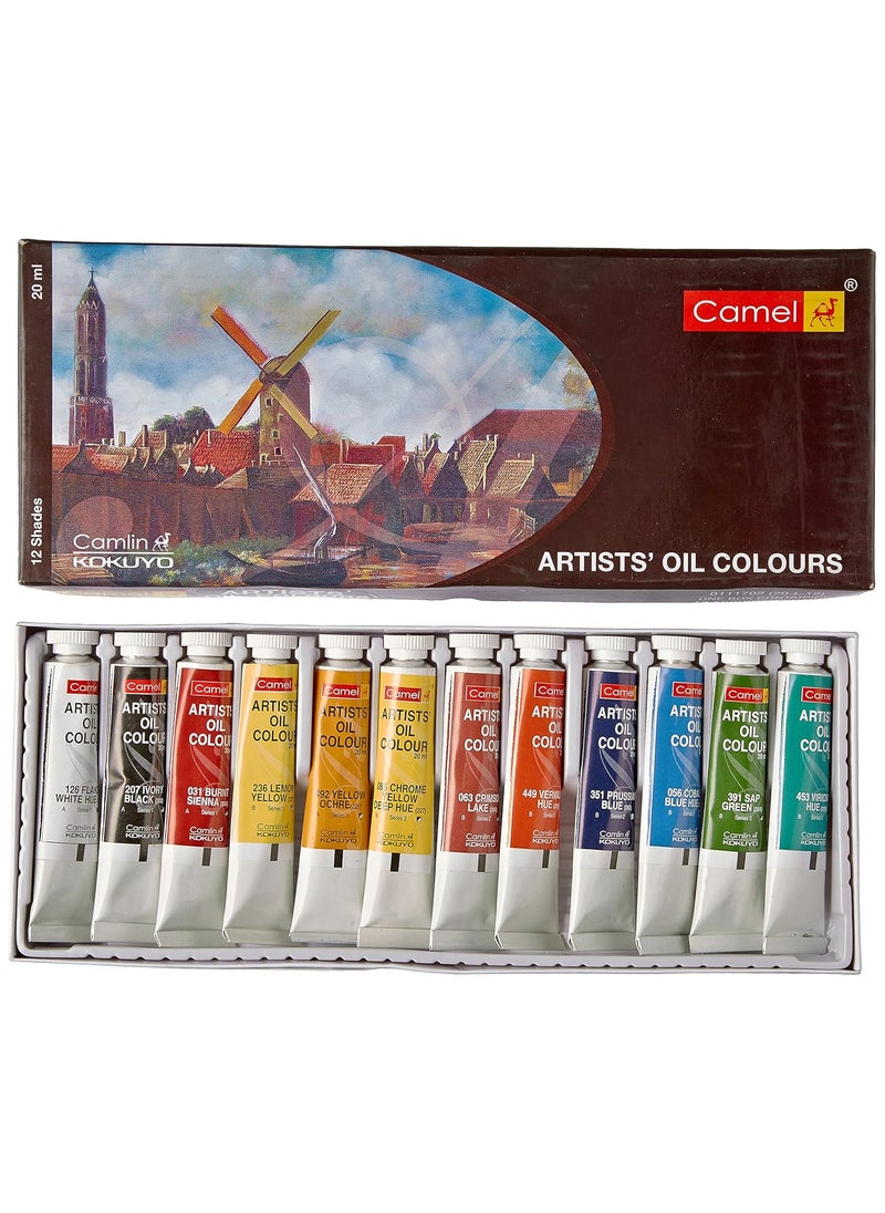 camel Camel Artist's Oil Color Box - 20ml Tubes, 12 Shades & Camel Paint Brush Series 66 - Round Synthetic Gold, Set of 7  - Image 2