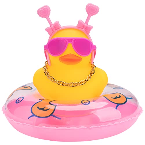 wonuu Car Duck Rubber Duck Car Ornaments Duck Car Dashboard Decorations with Cute Headband Swim Ring Necklace Sunglasses BPink Double Heart Headband - Image 1