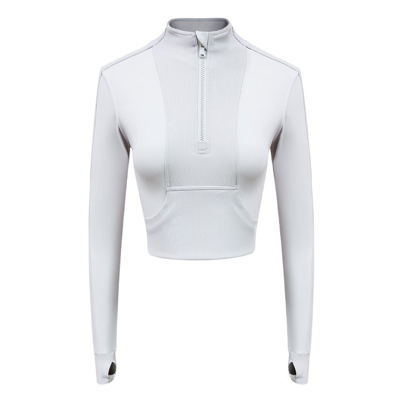 كوينج Womens Slim Fit Yoga Jacket Half-Zip Running Top Light apricot gray coat