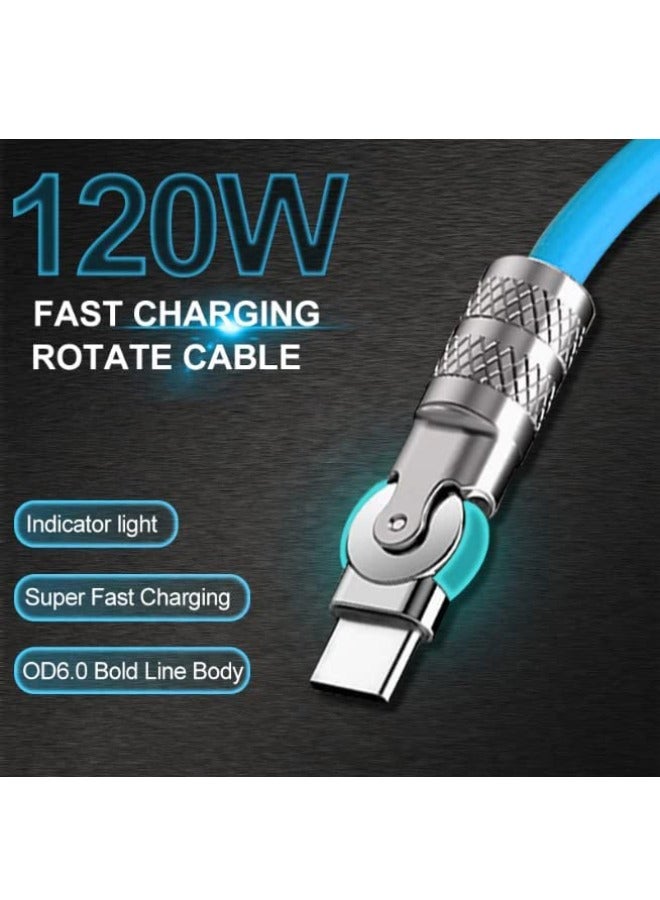 بيوينتي كابل شحن سريع من USB إلى C مع مؤشر شحن ، كابل شحن سريع دوار 180 درجة أقصى طاقة إخراج 120 واط ، موصل دوار مرن شحن أمان مطاطي سميك (للنوع C ، أزرق 2 متر) - Image 4