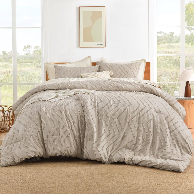 Litanika Litanika Khaki Queen Size Comforter Sets 3 Pieces Lightweight Chevron Tufted Bedding Comforter Set Fluffy Bed Set Gift Choice 90x90In Comforter and 2 Pillowcases