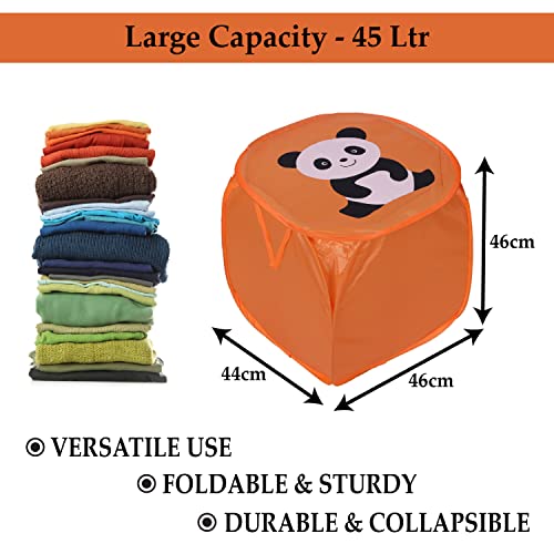 Kuber Industries Laundry Basket | Polyester Foldable Laundry Basket | Collapsible Laundry Basket | Square Storage Box With Lid & Side Handles | 45 Liter | Orange - Image 3