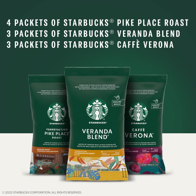 Starbucks Ground Coffee Variety Pack, Dark, Medium, Starbucks Blonde Roast, 100% Arabica, 10 Packets (2.5 oz each) - Image 3