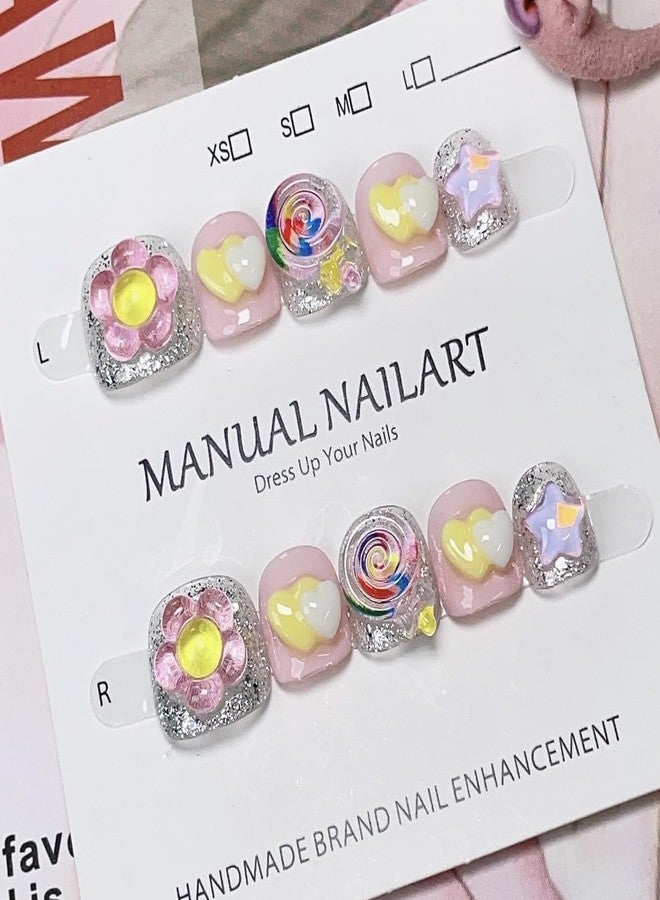 JIEADJIE Children’s Sizes Press On Nails (100% Handmade),for Schoolchild,Handmade Painted Nail Art by Nail Technician,Schoolchild Version… (sweetheart, Large) - Image 2