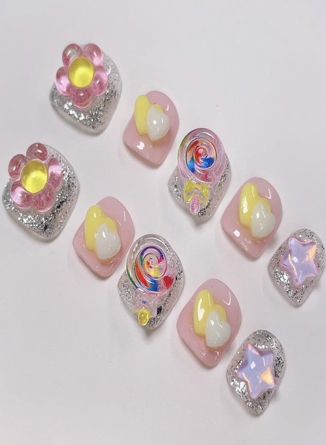 JIEADJIE Children’s Sizes Press On Nails (100% Handmade),for Schoolchild,Handmade Painted Nail Art by Nail Technician,Schoolchild Version… (sweetheart, Large) - Image 3