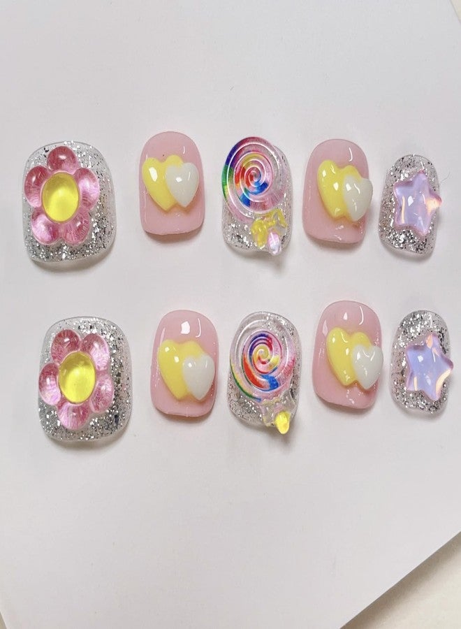 JIEADJIE Children’s Sizes Press On Nails (100% Handmade),for Schoolchild,Handmade Painted Nail Art by Nail Technician,Schoolchild Version… (sweetheart, Large) - Image 4