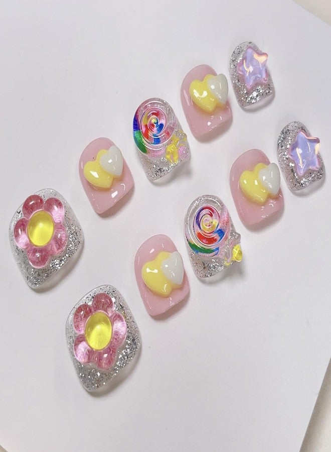 JIEADJIE Children’s Sizes Press On Nails (100% Handmade),for Schoolchild,Handmade Painted Nail Art by Nail Technician,Schoolchild Version… (sweetheart, Large) - Image 1