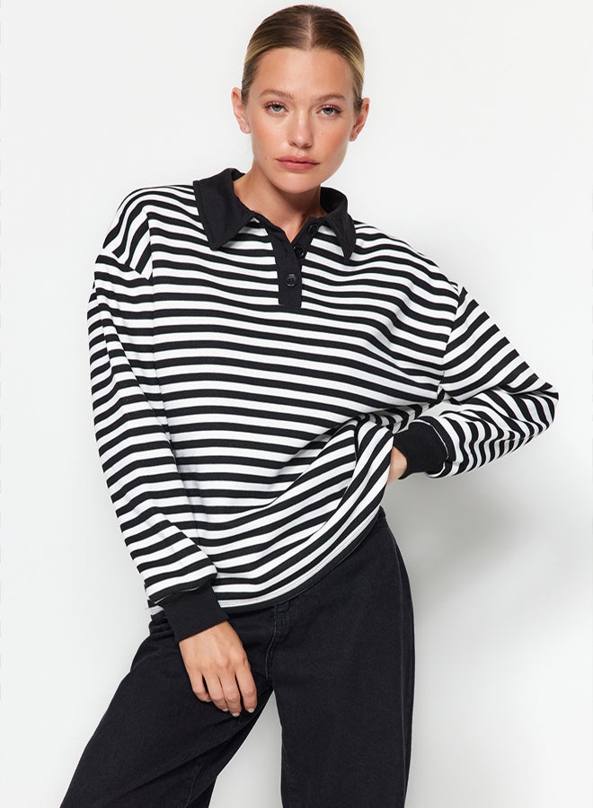 trendyol Black Striped Polo Neck Thick Fleece Oversize Knitted Sweatshirt TWOAW24SW00344 - Image 1
