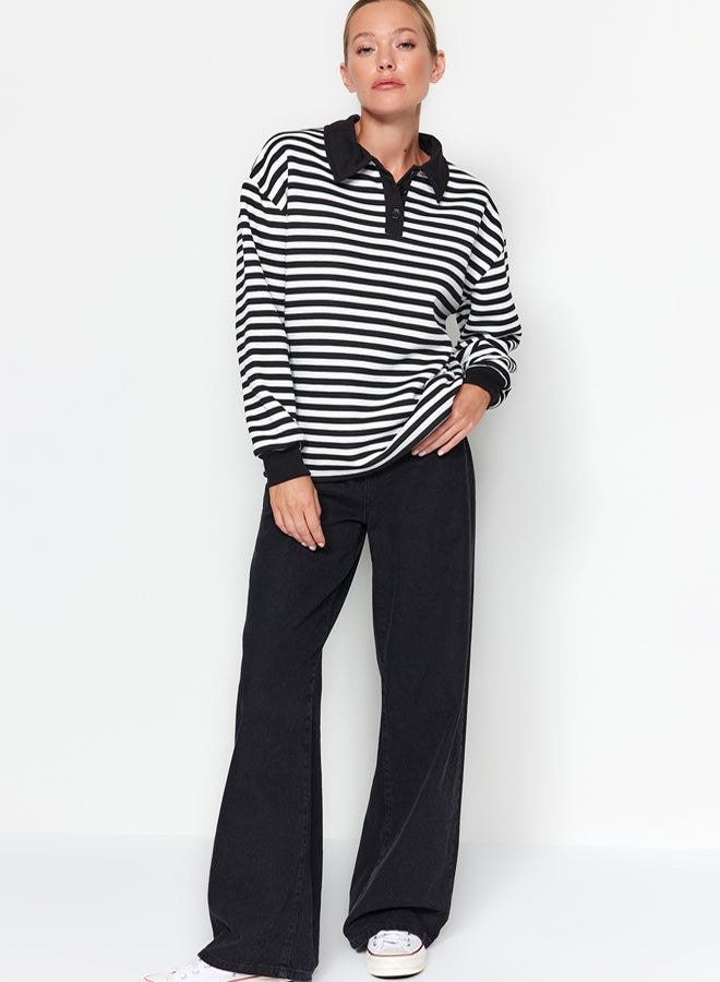 trendyol Black Striped Polo Neck Thick Fleece Oversize Knitted Sweatshirt TWOAW24SW00344 - Image 2
