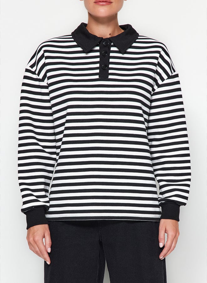 trendyol Black Striped Polo Neck Thick Fleece Oversize Knitted Sweatshirt TWOAW24SW00344 - Image 3