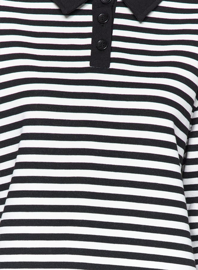 trendyol Black Striped Polo Neck Thick Fleece Oversize Knitted Sweatshirt TWOAW24SW00344 - Image 4