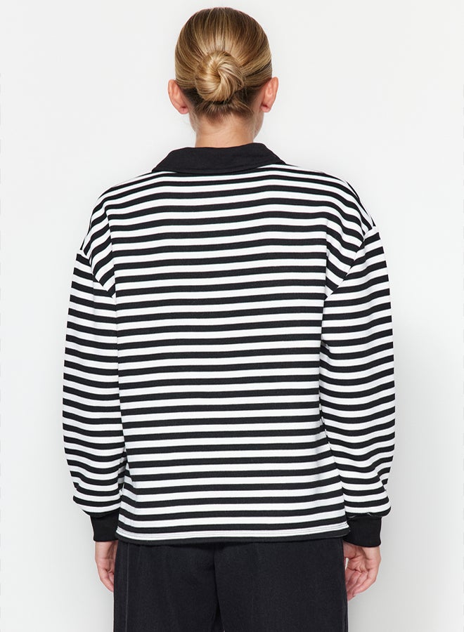 trendyol Black Striped Polo Neck Thick Fleece Oversize Knitted Sweatshirt TWOAW24SW00344 - Image 5