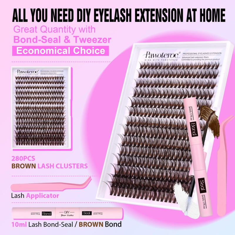 Pawotence Lash Extension Kit DIY 280pcs Brown Lash Clusters Eyelash Extension Kit 40D 9-16mm Individual Lashes Kit with Lash Bond and Seal Lash Tweezers for Self Use (Brown 40D, 9-16mm, Kit) - Image 2