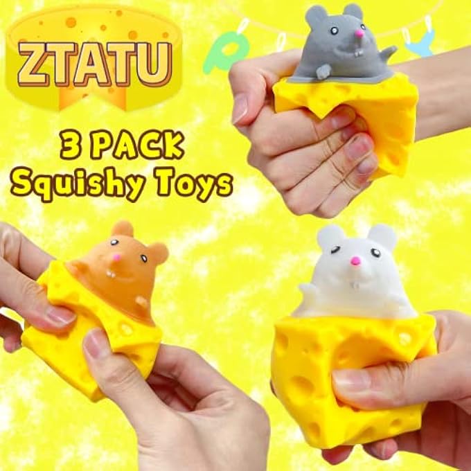 ZTATU Squishy Stress Balls Cheese Sensory Fidget Toys (3-Pack) Mouse Stress Balls for Kids and Adults, Cube Squeeze Toy, Cute Anxiety Relief Squishy Toys Stress Relief Pop it Ball for Boys and Girls - Image 2