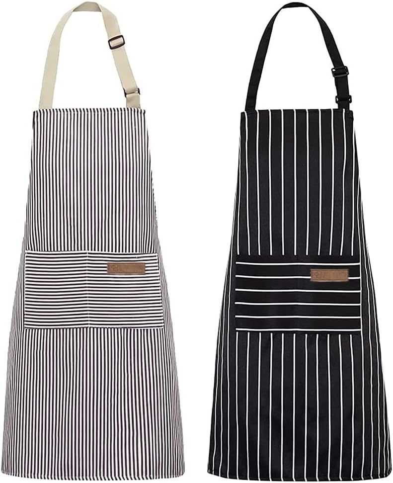 Kitchen Cooking Aprons 2 Pack - Adjustable Bib Soft Chef Apron with 2 Pockets for Men and Women in Black and Brown Stripes - Image 1