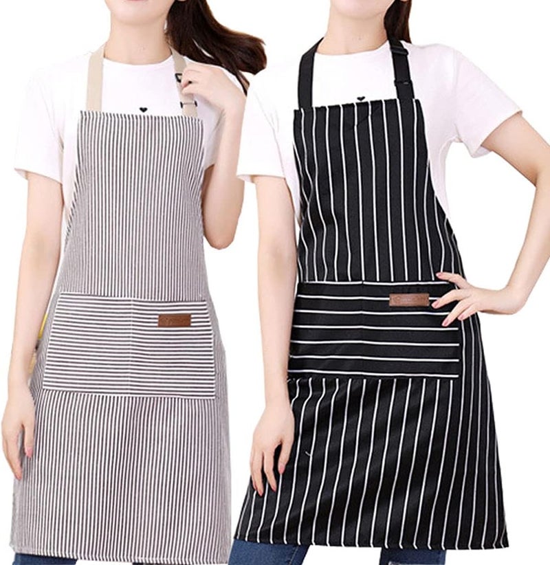 Kitchen Cooking Aprons 2 Pack - Adjustable Bib Soft Chef Apron with 2 Pockets for Men and Women in Black and Brown Stripes - Image 5