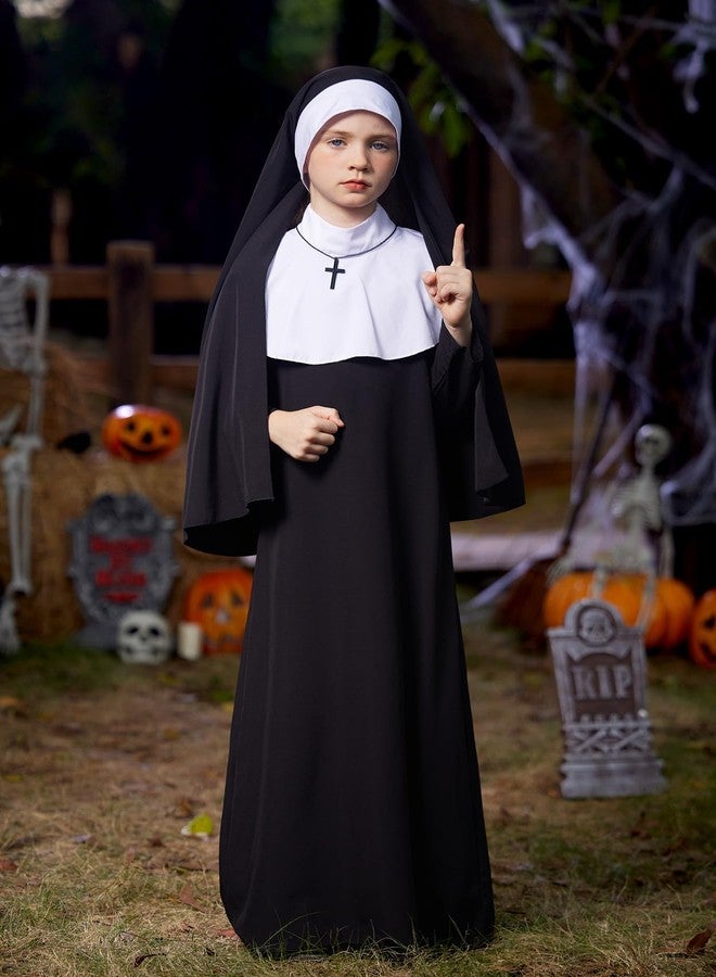 BesserBay Little Girls Halloween Headwrap Hat Gothic Nun Outfit Horror High Neck Catholic Black Dress 5-6 Years - Image 3