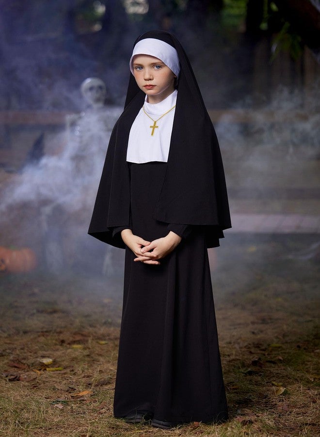 BesserBay Little Girls Halloween Headwrap Hat Gothic Nun Outfit Horror High Neck Catholic Black Dress 5-6 Years - Image 2