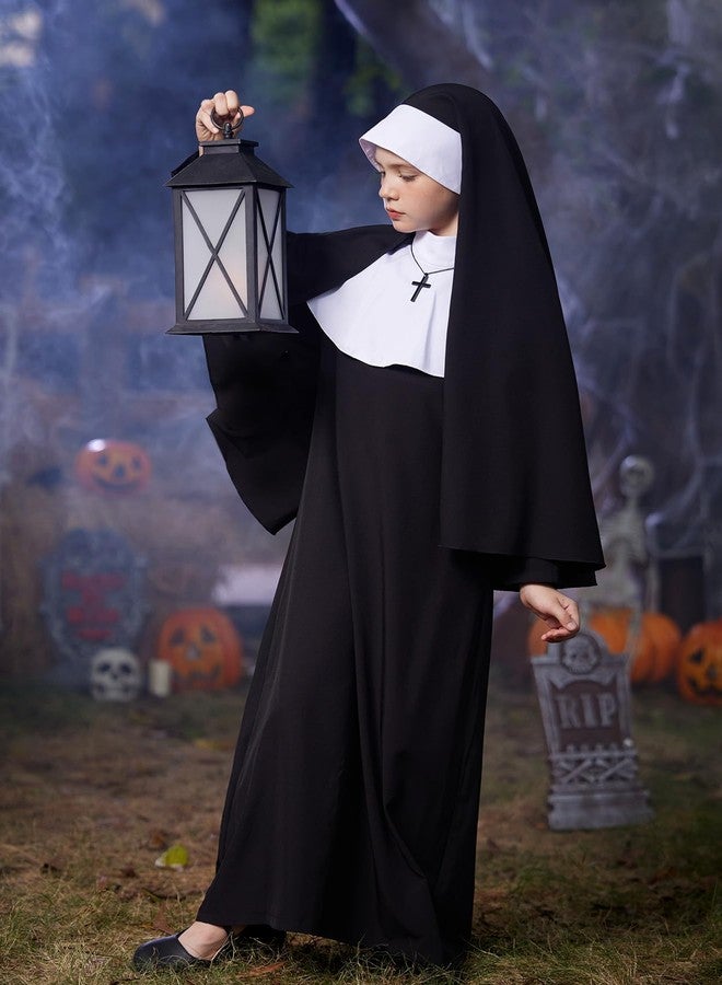 BesserBay Little Girls Halloween Headwrap Hat Gothic Nun Outfit Horror High Neck Catholic Black Dress 5-6 Years - Image 4