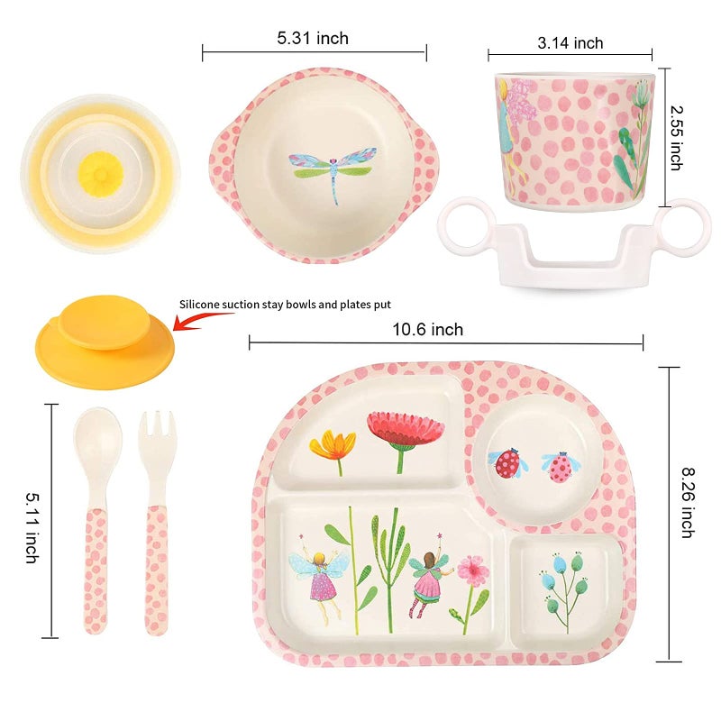shopwithgreen 7Pcs/Set Bamboo Kids Dinnerware Set - Children Dishes - Food Plate Bowl Cup Spoon Fork Set Dishware, Cartoon Tableware, Dishwasher Safe Kids Healthy Mealtime, BPA Free - Image 2