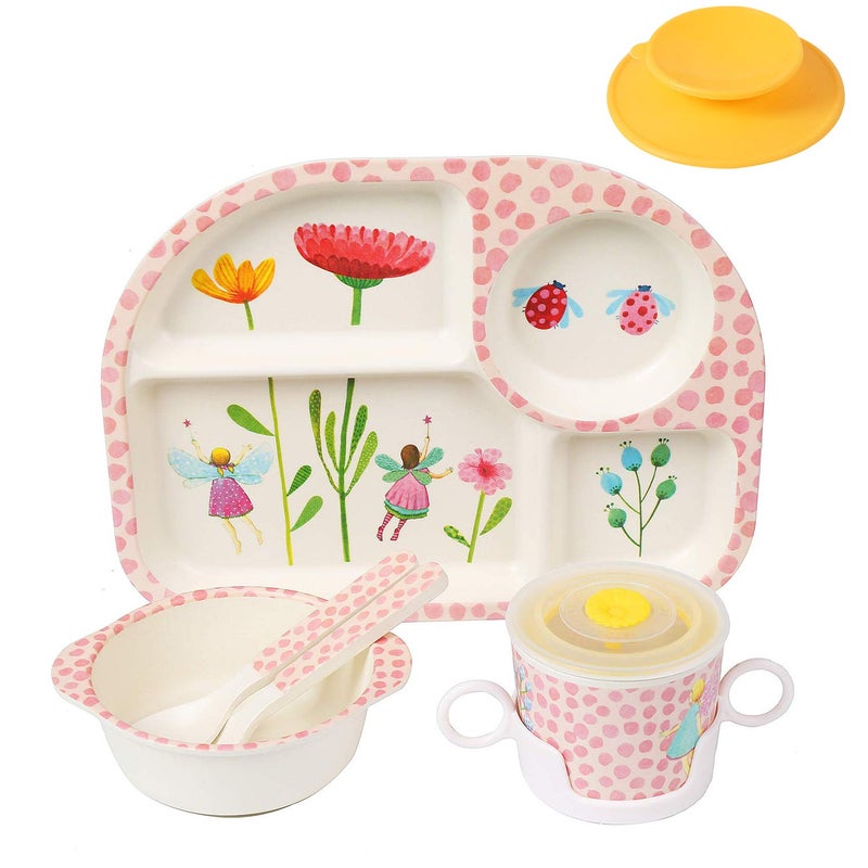 shopwithgreen 7Pcs/Set Bamboo Kids Dinnerware Set - Children Dishes - Food Plate Bowl Cup Spoon Fork Set Dishware, Cartoon Tableware, Dishwasher Safe Kids Healthy Mealtime, BPA Free - Image 1