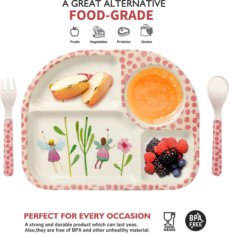 shopwithgreen 7Pcs/Set Bamboo Kids Dinnerware Set - Children Dishes - Food Plate Bowl Cup Spoon Fork Set Dishware, Cartoon Tableware, Dishwasher Safe Kids Healthy Mealtime, BPA Free - Image 3