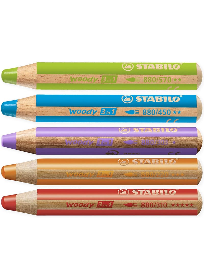 STABILO STABILO Multitalented Pencil woody 3in1  Box of 5  Red Orange Leaf Green Cyan Blue  Lilac  Sharpener  - Image 1