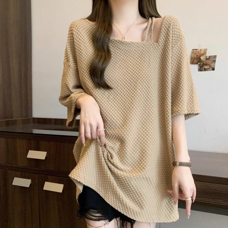 Design Sense Collarbone Short-Sleeved T-Shirt Women'S Summer Plus Size Chubby Sister Slimming Base Shirt Mid-Length Bottom-Covering Top - Image 3