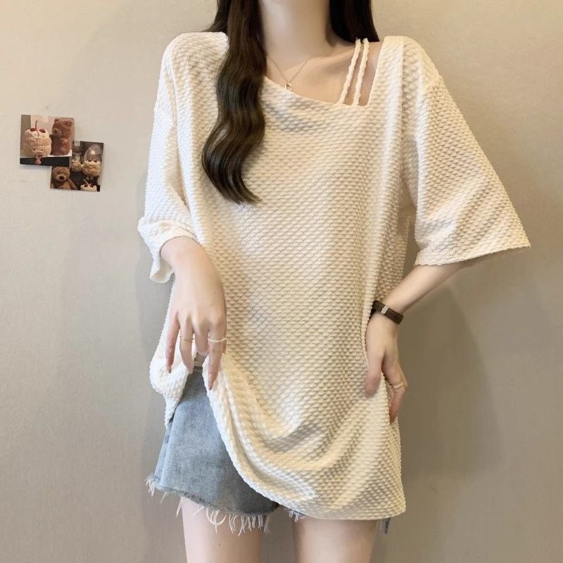 Design Sense Collarbone Short-Sleeved T-Shirt Women'S Summer Plus Size Chubby Sister Slimming Base Shirt Mid-Length Bottom-Covering Top - Image 1